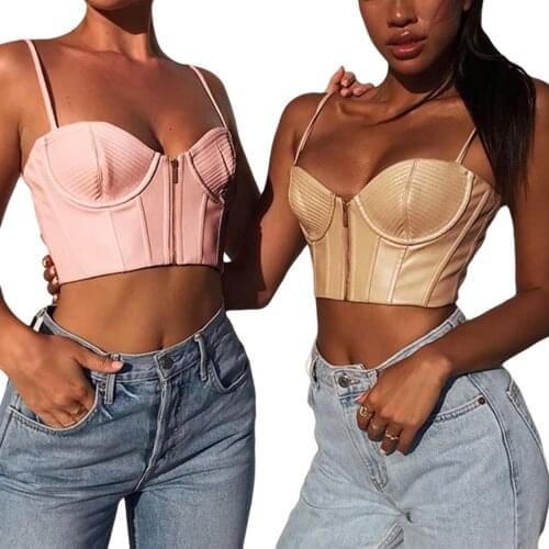 Women Sexy Tank Top Female Solid Color V-neck Crop Top with Removable Chest Pads suumer PU leather camisole tee mujer tank tops