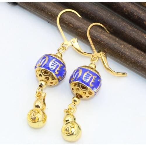Free shipping fashion gold-color gourd cloisonne new women girls pierced long dangle drop earrings gifts handmade jewelry B2588