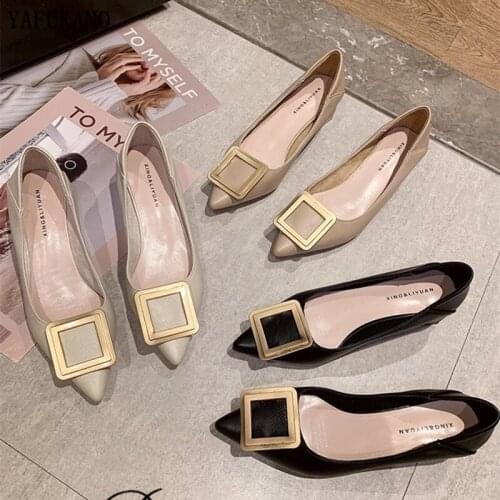 Square Heel Pointed Toe Women Pumps 2020 French Style Metal Buckle Shallow Mouth Work Single Shoe Retro Career Office High Heels