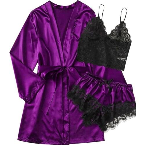 Womens Black Silk Satin Pajamas Set Long Sleeve Trouser Suits Button-down Sleepwear Loungewear Shorts Pyjamas Пижама #T2Q