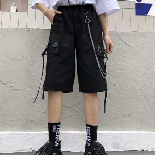 2021 Summer Women Cargo Shorts Female Loose Straight Casual Short Pants Fashion Elastic Waist Handsome Chain Knee Length Shorts