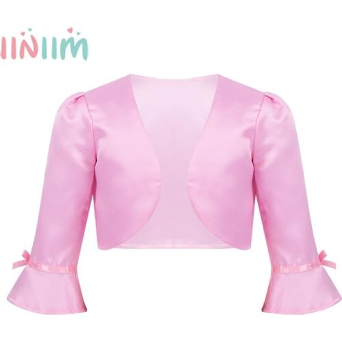 Kids Girls 3/4 Flare Sleeve Open Front Satin Bolero Cardigan Top Short Jacket Shrug Flower Dress Cover Up Childrens Clothing
