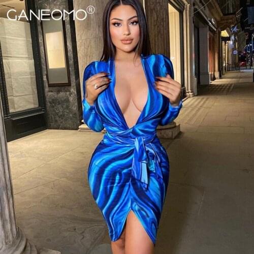 Elegant Print Long Sleeves Bodycon Mini Dress Women Fashion Party Bandage Wrap Dresses 2021 Autumn Sexy Blue Red Club Outfits