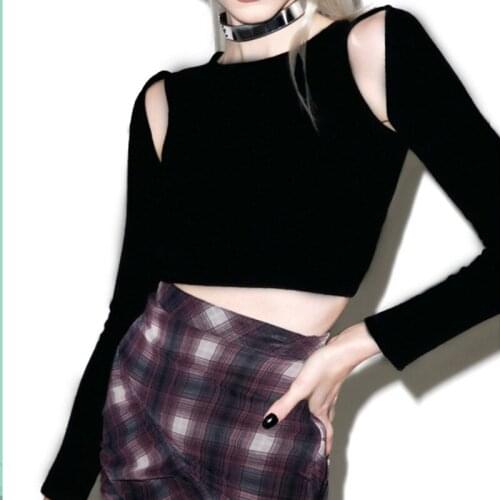 T Shirt Women Shed Velvet Tops Short Design Long-sleeve Basic Cutout Strapless Top Harajuku Black Top Long Sleeve Shirt Women