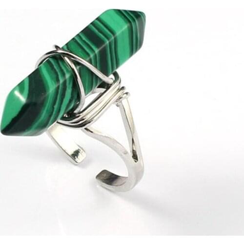 FYSL Silver Plated Wire Wrap Hexagon Column Malachie Stone Resizable Finger Ring Opalite Opal Jewelry