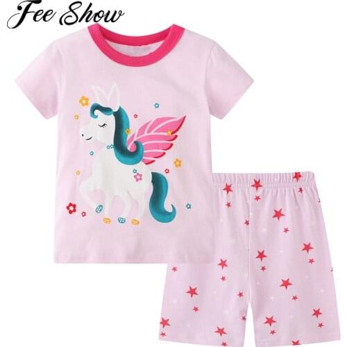 Kids Girls Summer Clothes Set Casual Cute Cartoon Homewear Suit Short Sleeve T-shirt Tops + Shorts Cotton Pajamas Sleepwear Sets