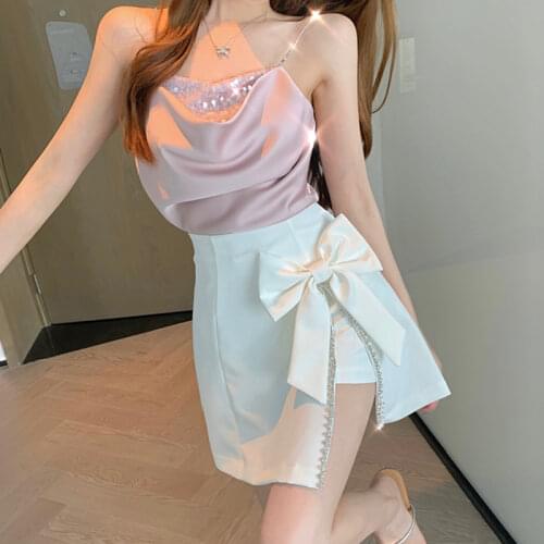Lucyever Bling Sequin Bow Two Piece Set Women Summer Sexy Crystal Chain Pleated Tank Top Woman High Waist Split Mini Skirt Lady