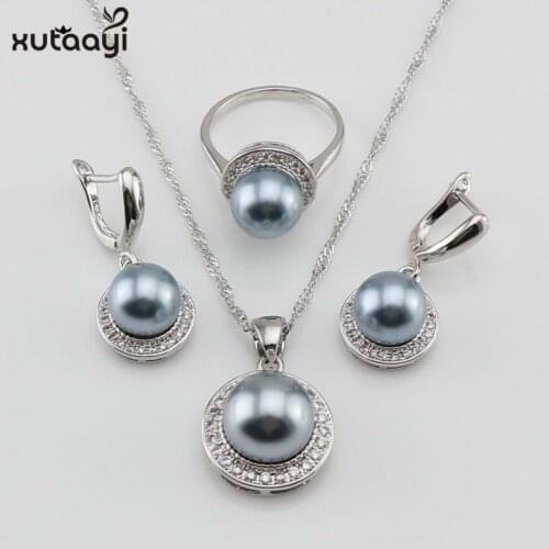 XUTAAYI Natural Pearls Silver Jewelry Sets Women White Zircon Earrings With Stones Pendant&Necklace/Rings Set
