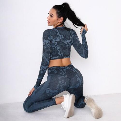 Women Fitness Suit Seamless Set Workout Sportswear Gym Clothing Fitness Long Sleeve Crop Top High Waist Leggings Sport 2pcs Suit