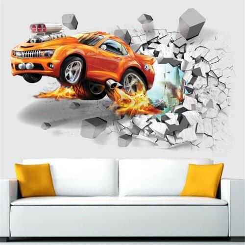 Creative Car Fire Through The Wall Decorative Wall Stickers Wallpaper Bedroom Living Room Decor Home Decoration Accessories