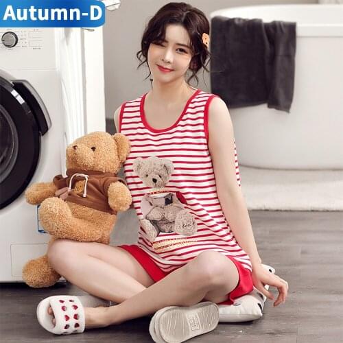 Summer Women Pajamas Suit Cotton Round Neck Nightgown Sleeveless Shorts Comfortable Bear Print Leisure Girlish Home Pijamas