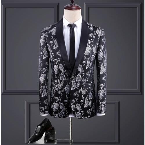 Men Elegent Blazer Stylish Slim Fit Party Club Prom Blazer Jacket Male Printing Floral Casual Groom Wedding Blazer Black