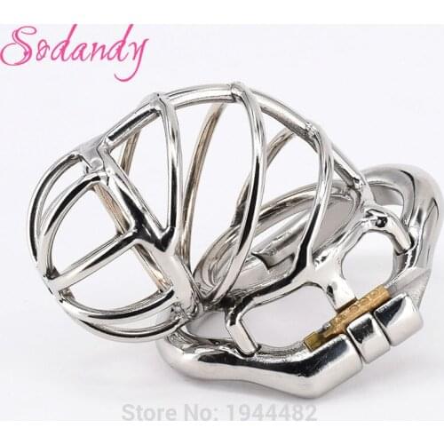 SODANDY Male Chastity Devices Bondage Penis Rings Cock Lock Stainless Steel Chastity Belt Metal Skew Cock Cage Sex Toys For Men