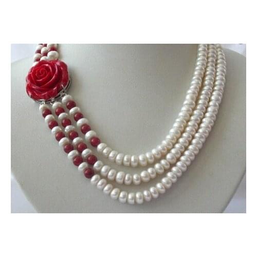 N stunning 3rows 8mm round white freshwater cultured pearl necklace Discount AAA