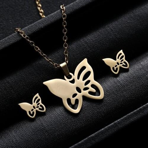 Dainty Cute Cat Horse Butterfly Palm Heart Shape Stainless Steel Pendant Necklace Earrings Sets For Women Fashion Jewelry Set