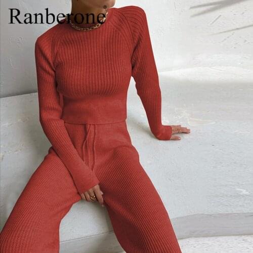 New Tracksuit Womens Solid Two Piece Indoor Warm Long Sleeve Sweater Suit Female Sweatshirt Knitting Pants Sportswear Clothes