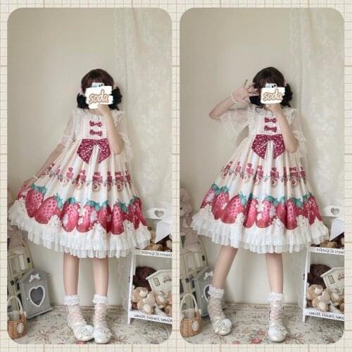 Palace sweet princess lolita strap dress vintage falbala high waist printing victorian dress kawaii girl gothic lolita jsk loli