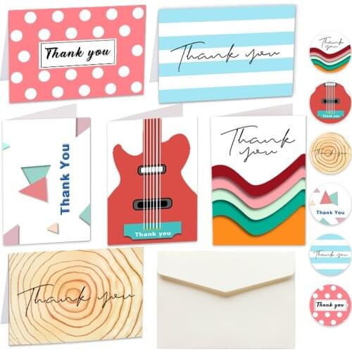 6sets Geometric Thank You Gift Card Creative Stripe Dot Greeting Card with Envelope Stickers Folding Card Stationery Envelope