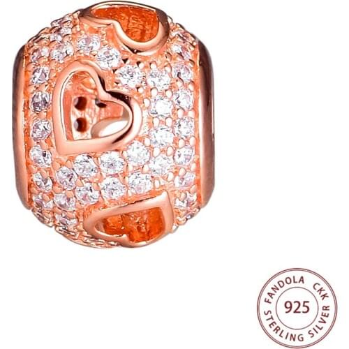 Tumbling Hearts Pave Charms 925 Sterling Silver Clear CZ Rose Color Beads For Jewelry Making Fits European Bracelets Berloque
