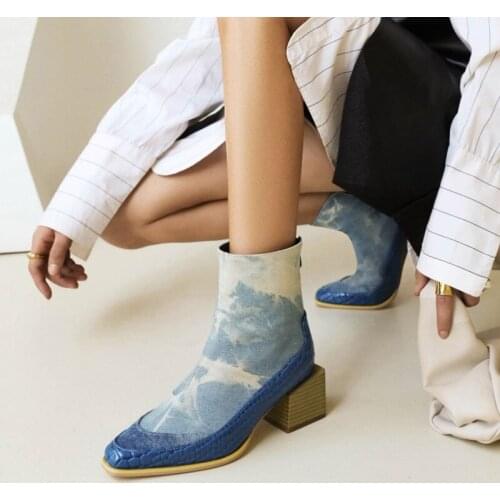 Ochanmeb Chic Medium Wooden Block Heels Boots Woman Large Plus Size 13 48 Zipper Short Boots Women Jean Denim Booties Shoes Fall