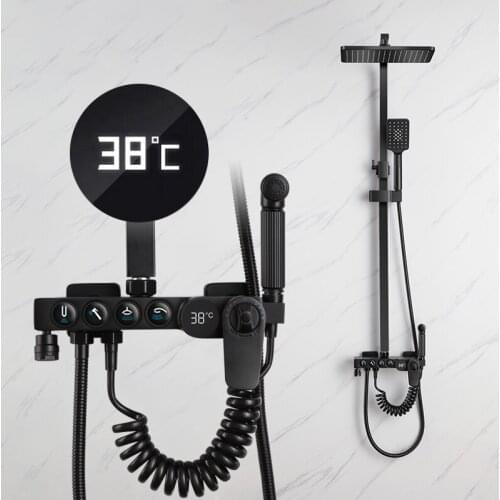 AQJ Black Display thermostatic Shower Faucet Set Rainfall Shower Mixer Tap Bathtub Shower Mixer Tap 3-way Shower
