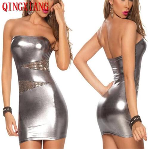 MR13 2018 Women Sexy PU Leather Sequin Patchwork Mini Dress Female Erotic Lingerie Over Hip Collar Strapless Dress Sexy Babydoll
