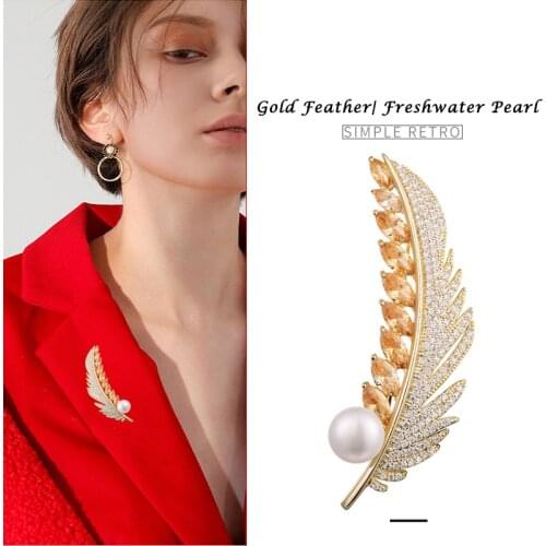 Hongye Feather Sparkly Pin 100% Natural Freshwater Pearl Brooches for Women Gold AAA CZ Vintage Brooch Jewelry Christmas Gift