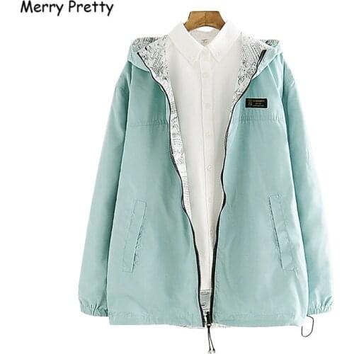 MERRY PRETTY 2018 Autumn Women Bomber Basic Jacket Pocket Zipper Hooded Two Side Wear Cartoon Print Outwear Loose Coat