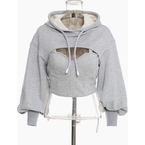 Johnature Solid Color Hooded Collar Hoodies For Women 2021 Spring New Casual Hollow Out False Two Pieces Sweatshirts