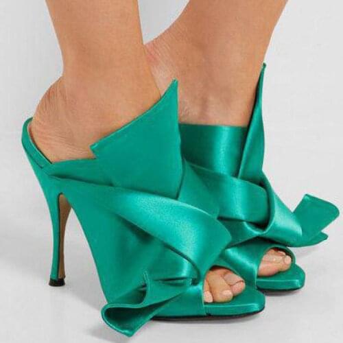 2021 Summer Sexy Slippers Women Solid Color Silk Cloth Big Butterfly-knot High Heels Sandals Party Shoes Sandal Slides Pumps