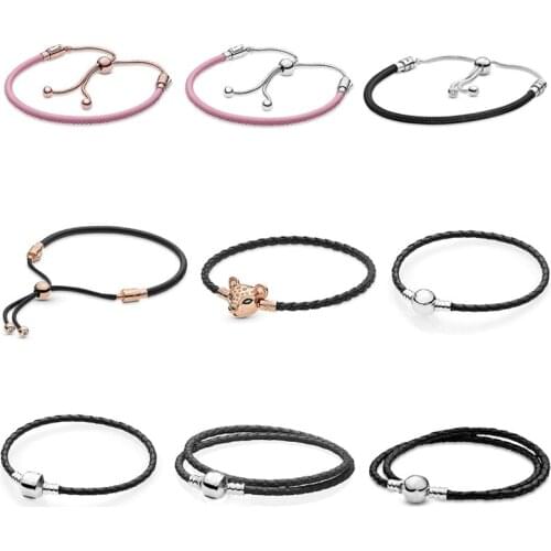 Top Sale 925 Sterling Silver Sliding Leather Woven Lion Pan Bracelet For Women Fit Original Pandora Charm Beads Diy Jewelry Gift