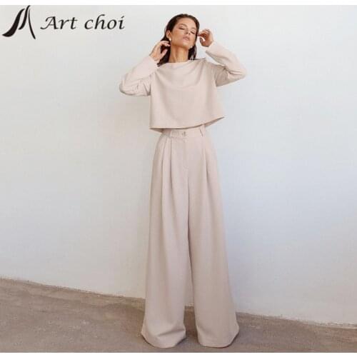 Spring Autumn Two Piece Set Casual Outfit Suits Women T Shirt Long Blouse Tops Wide Leg Pants Work Office Ladies 2 Piece Sets