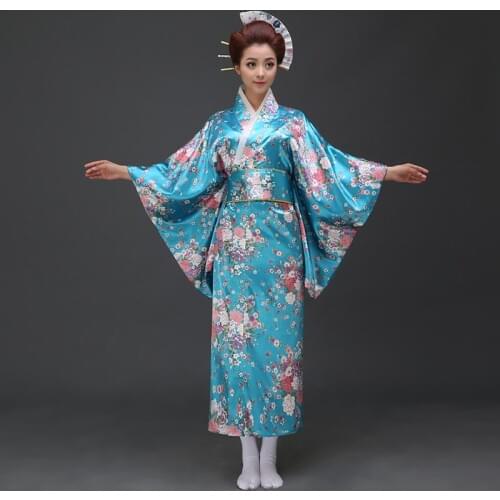 Lake Blue National Trends Women Sexy Kimono Yukata With Obi Novelty Evening Dress Japanese Cosplay Costume Floral One Size