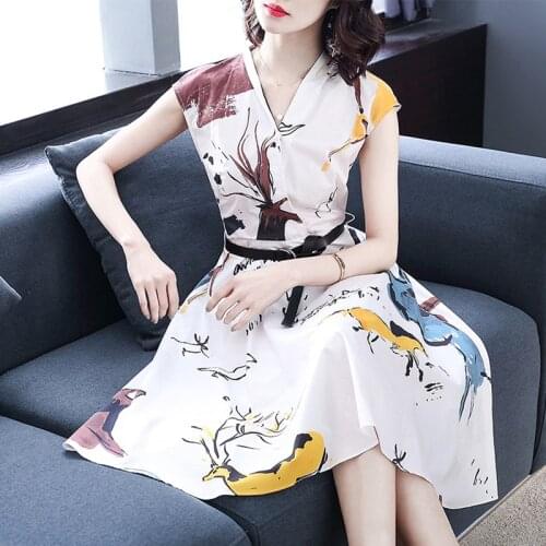 2021 summer new trend casual womens ladies V-neck stitching mid-length waist dress comfortable and smooth high-quality material