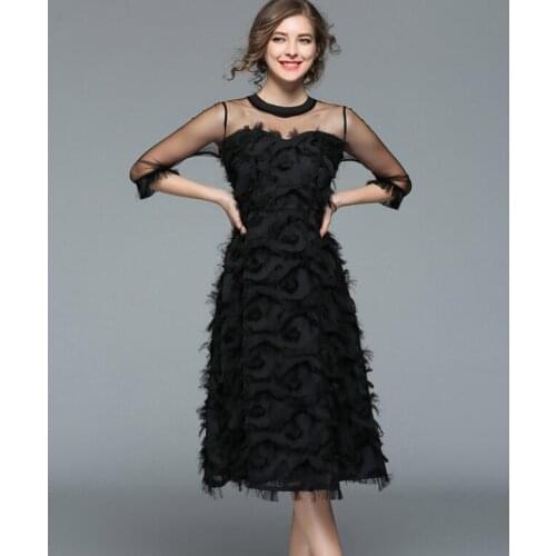 Womens spring summer long mesh sleeve faux feather black dress female runway fashion high waist vintage slim dress TB667