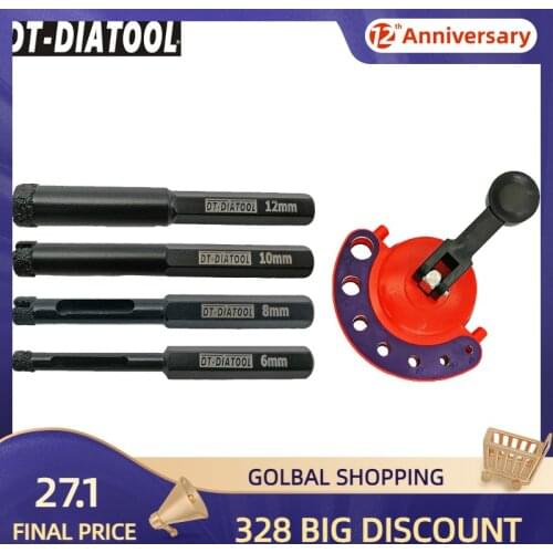DT-DIATOOL 1 set Dia 6+8+10+12mm Hex Vacuum Brazed Wet Drill Bits Granite Marble Tile Hole Saw With A Plastic Positioner Sucker