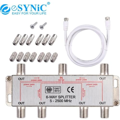 ESYNiC 6-Way Coax Cable Splitter Digital TV Aerial SAT Broadband Signal Connector MoCA 5-2500MHz Satellite Receiver