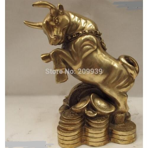 Huij 005542 Chinese Brass Copper Feng Shui Lucky Wealth YuanBao Coin Bull cattle ox Statue (A0314)