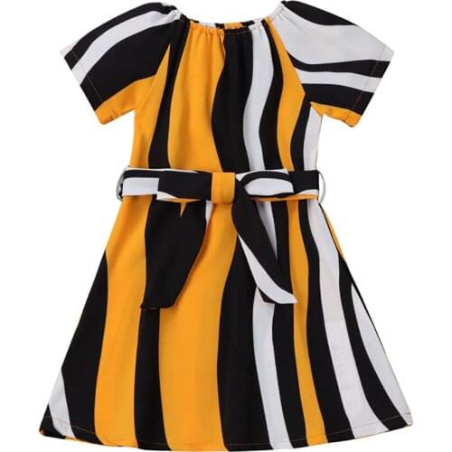 OPPERIAYA Summer Baby Girl Dress Creative Mixed Color Irregular Vertical Striped Round Collar Short Sleeve Princess Dresses Belt