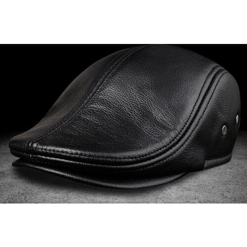 Mens Real Cow Leather Baseball Cap Newsboy /Beret Hat Winter Warm Caps & Hats Men With Ear Flap