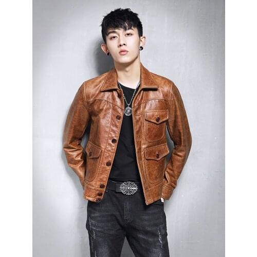 Genuine Leather Jacket Men Vintage Real Cow Leather Jacket Short Spring Autumn Luxury Coat Men Motorcycle Jackets 19-09 KJ3218