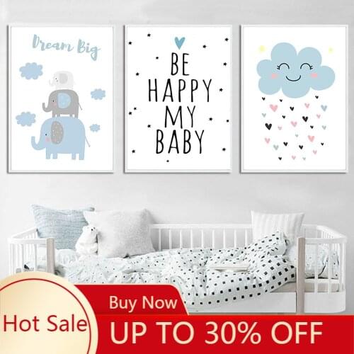 Elephant Nursery Wall Art Print Blue Cloud Quotes Canvas Painting Poster Nordic Posters And Prints Wall Pictures Baby Room Deco