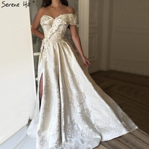 Ivory One Shoulder Sexy Prom Dresses 2020 Long Dubai Handmade Flowers Diamonds Prom Gowns Serene Hill BLA60947