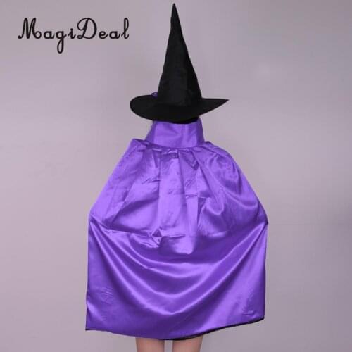 MagiDeal Adults Kids Deluxe Reversible Satin Wizard Witch Cloak Cape Cone Hat Halloween Costume Fancy Dress Accessory 70cm 90cm