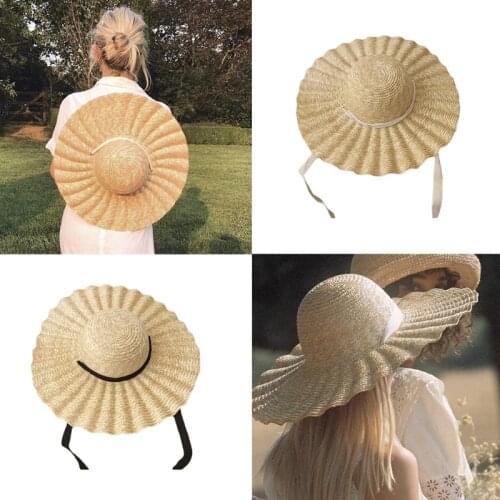 Wide Brim Straw Hat with Ribbon Summer Cap Wavy Pattern Sun Protection Outdoor Beach Sunhat