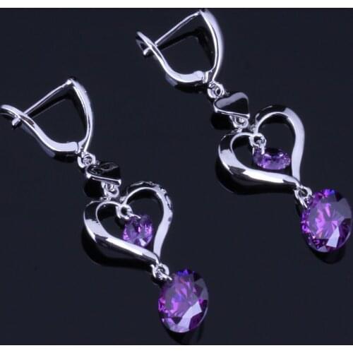 Sparkling Heart Shaped Round Purple Cubic Zirconia Silver Plated Drop Dangle Earrings V0827