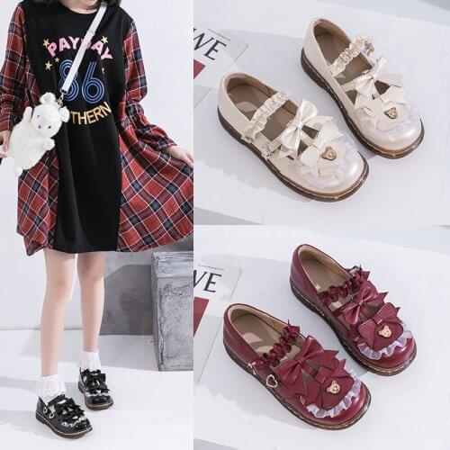 Japanese Style Medieval Lace Lolita Shoes Student Girl Soft Sister Kawaii Bowknot Small Bear Accessories Gothic Round Head 2021