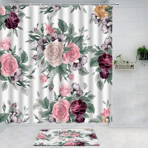 Pink Plant Flower Bathroom Curtain Shower Curtain Set Bath Mats Rugs Curtains For Kitchen Childrens Room Decor Bath Accessories