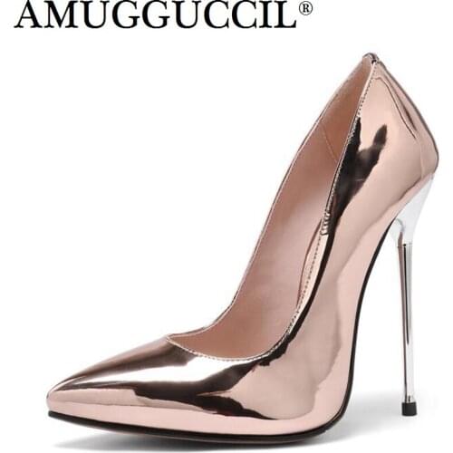 2021 New Plus Big Size 31-45 Rose-gold Silver Red Leather Fashion Sexy High Heel Spring Female Lady Shoes Women Pumps D1223