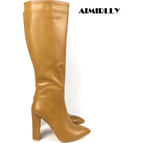 Women high heel Knee boots pointed toe Winter Shoes Full Zipper Ladies Fashion Party Outdoor wear Brown